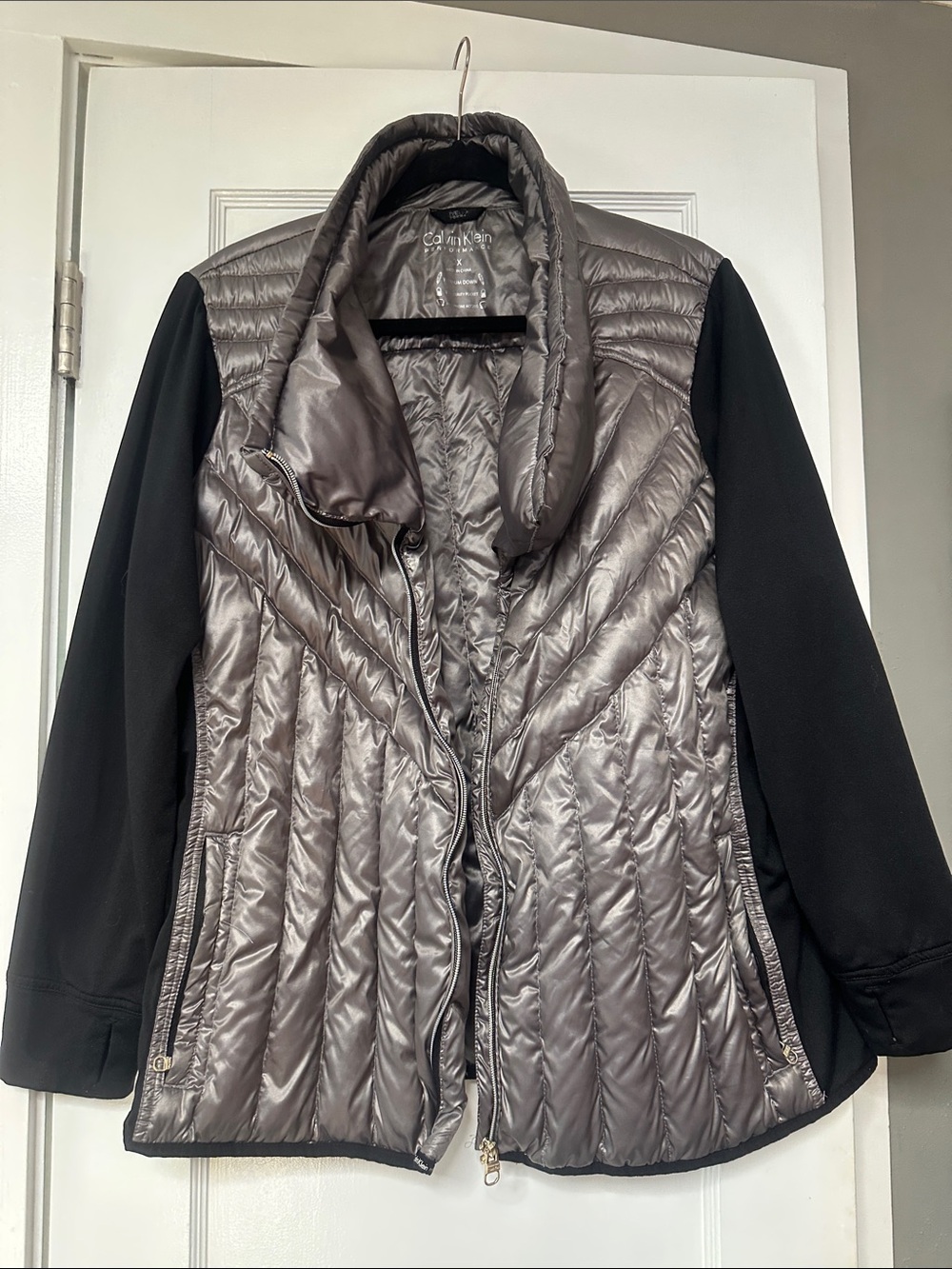 Calvin Klein Silver Quilted Puffer Jacket with Black Sleeves